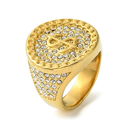 Flat Round with Dollar Sign 304 Stainless Steel Rhinestone Signet Rings RJEW-Q815-09G-M-1