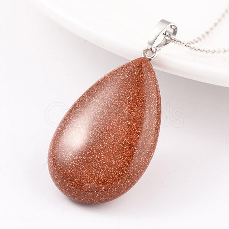 Teardrop Platinum Tone Brass Synthetic Goldstone Pendants G-F267-07C-1