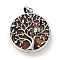 Natural Tiger Eye Tree of Life with Owl Pendants, Rack Plating Anstique Silver Plated Alloy Siam Rhinestone Flat Round Charms, Lead Free & Cadmium Free, 31.5x27.5x10~11mm, Hole: 8x4mm