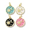 Rack Plated Brass Enamel Pendants, with Jump Ring, Long-Lasting Plated, Lead Free & Cadmium Free, Real 18K Gold Plated, Flat Round with Sun & Moon Charm, Mixed Color, 15x13x2mm, Hole: 3.4mm