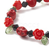 Dyed Synthetic Turquoise(Dyed) Skull Beaded Stretch Bracelets with Resin Rose & Acrylic Leaf BJEW-JB09925-3