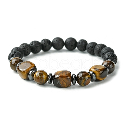 Natural Mixed Gemstone Cuboid & Lava Rock Round Beaded Stretch Bracelet BJEW-JB09795-1