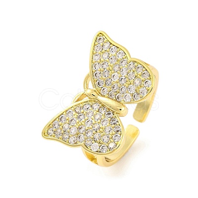 Butterfly Brass Micro Pave Clear Cubic Zirconia Open Cuff Rings for Women RJEW-U003-11G-1