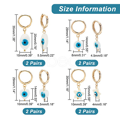 ARRICRAFT 8 Pairs 4 Style Oval & Star & Heart & Flat Round Natural Shell Dangle Hoop Earrings EJEW-AR0001-03-1