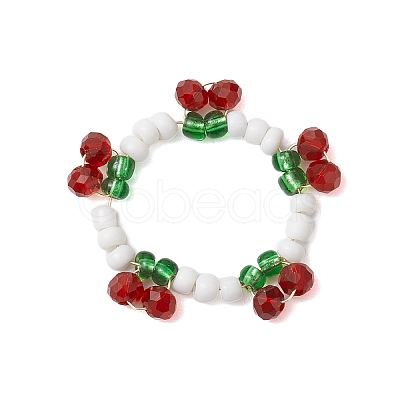 Cherry Glass Beads Finger Rings RJEW-JR00728-1