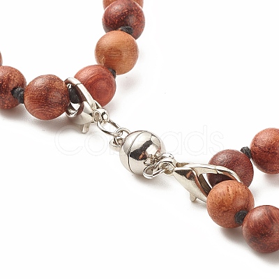 Round Wood & Mixed Gemstone Beaded Double Layer Necklace with Brass Magnetic Claslp NJEW-JN03857-1