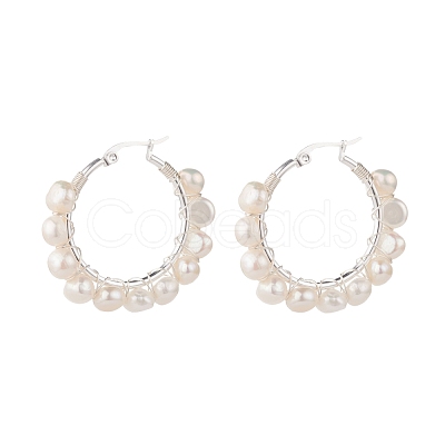 Natural Pearl Wire Wrapped Beaded Hoop Earrings for Women EJEW-JE04758-02-1