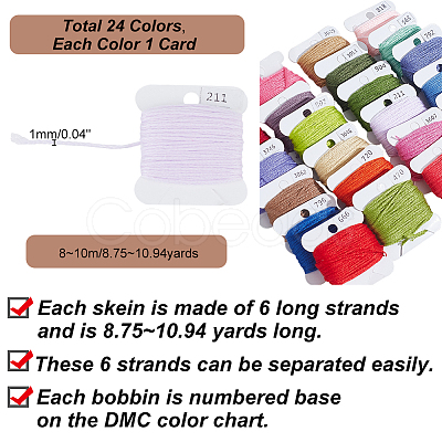 PandaHall Elite 24 Cards 24 Colors 6-Ply Polyester Embroidery Floss OCOR-PH0002-04A-1