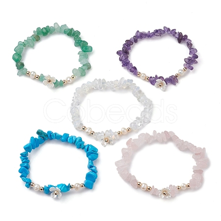 Mixed Gemstones Chip Beaded Plastic Flower Stretch Bracelets BJEW-JB10205-1