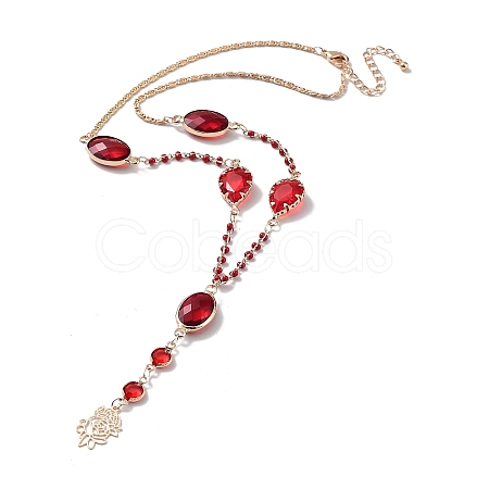 Red Oval & Teardrop Glass Lariat Necklace with Brass Chains NJEW-A015-18KCG-1