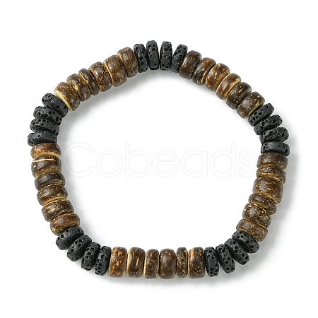 Natural Lava Rock & Coconut Disc Beaded Stretch Bracelet BJEW-JB09805-1