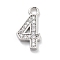 Brass Micro Pave Clear Cubic Zirconia Pendants, Number Charms, Number 4, 13x6.5x1mm, Hole: 1.5mm