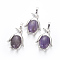 Natural Amethyst Pendants, with Brass Findings, Penguin, Platinum, 34~35x24~25x5~8mm, Hole: 8x5mm