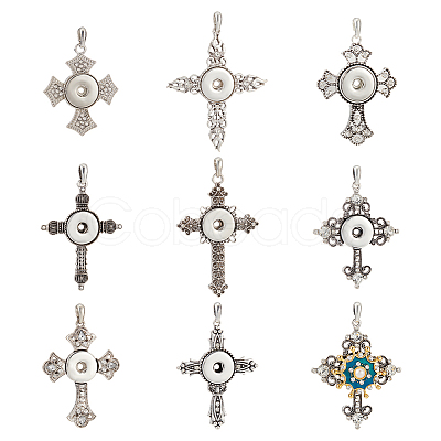 Nbeads 8Pcs 8 Style Alloy Rhinestone Hang Snap Base Pendants FIND-NB0003-52-1