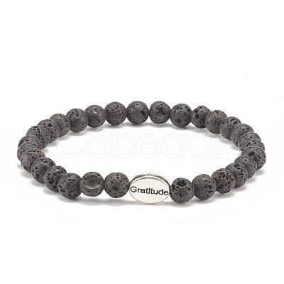 Natural Lava Rock Stretch Bracelet with Alloy Word Gratitude Beaded BJEW-JB08309-04-1