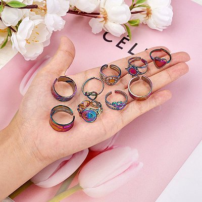 9Pcs 9 Style Rainbow Color 304 Stainless Steel Heart & Star & Word Love Cuff Rings RJEW-SZ0001-20-1