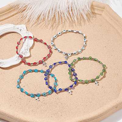 Lampwork Evil Eye & Stainless Steel Column Beaded Stretch Bracelet with Cross Charm for Women BJEW-JB08601-1