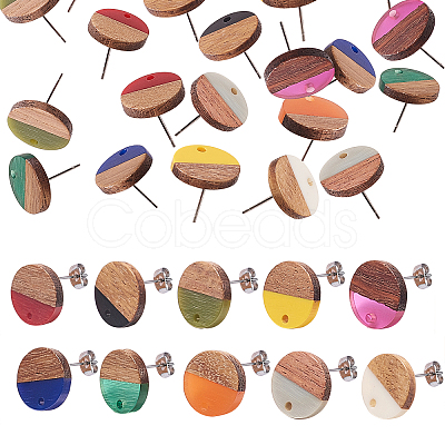 10Pairs 10 Colors Opaque Resin & Walnut Wood Stud Earring Findings MAK-CJ0001-11-1