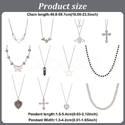 ANATTASOUL 13Pcs 13 Style Cross & Skull & Heart & Butterfly Rhinestone Pendant Necklaces Set NJEW-AN0001-39-1