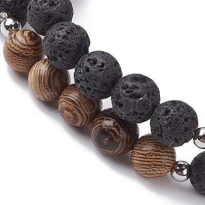 Natural Lava Rock & Wooden Round Beaded Stretch Bracelet BJEW-JB10075-01-1