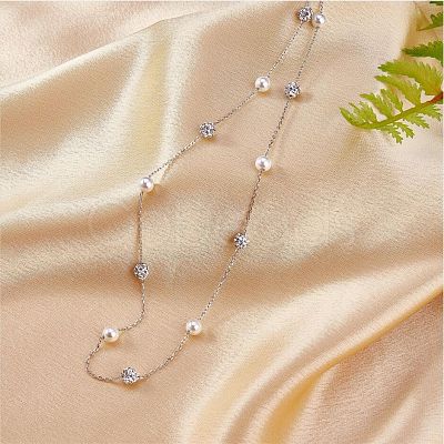 Anti-Tarnish Pearl Necklace for Women Rhodium Plated 925 Sterling Silver Freshwater Pearl Choker Necklace Y Shape Adjustable Length Necklace Jewelry Gifts for Women JN1094A-1