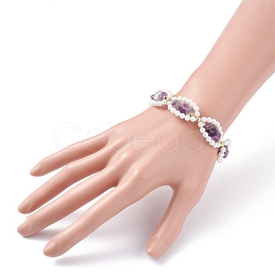 Natural Amethyst Chip & Shell Pearl Beaded Bracelet BJEW-TA00029-01-1