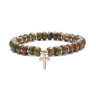 Gemstone Round Beaded Stretch Bracelet with Brass Cross Charm BJEW-JB08097-1