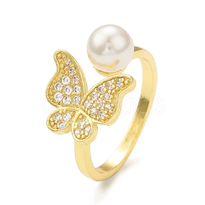 Clear Cubic Zirconia Butterfly with Plastic Pearl Beaded Open Cuff Ring RJEW-C047-05G-1