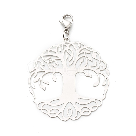 Flat Round with Tree of Life 201 Stainless Steel Filigree Pendant Decorations HJEW-JM00573-03-1