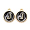 Golden Plated Alloy Charms, Cadmium Free & Lead Free, with Enamel, Enamelled Sequins, Flat Round with Letter, Black, Letter.J, 14x12x2mm, Hole: 1.5mm