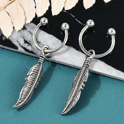 Feather 316 Surgical Stainless Steel Dangle Half Hoop Earrings for Women EJEW-G416-46AS-1