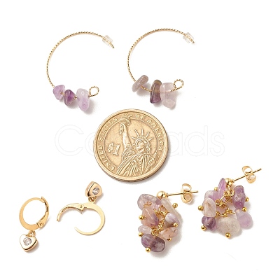 3 Pairs 3 Style Natural Amethyst Chips Beaded Cluster Dangle Stud & Leverback Earrings EJEW-JE04895-04-1