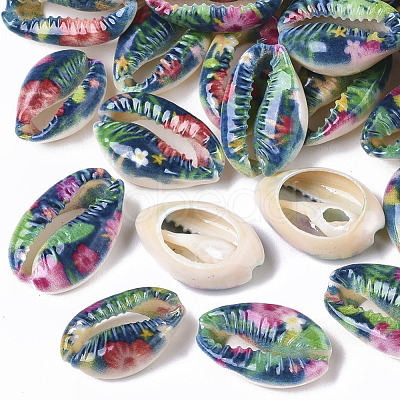 Printed Natural Cowrie Shell Beads X-SSHEL-R047-01-C02-1