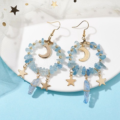 Natural Aquamarine Chip & Dyed Quartz Crystal Beaded Ring Dangle Earrings EJEW-TA00357-01-1