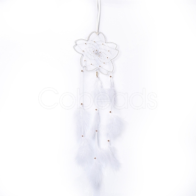 Handmade Flower Woven Net/Web with Feather Wall Hanging Decoration HJEW-A001-03B-1