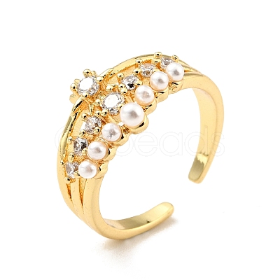 Cubic Zirconia Star with Acrylic Pearl Open Cuff Ring RJEW-E046-10G-1