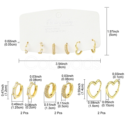 3Pairs 3 Style Clear Cubic Zirconia Heart & Rectangle & Ring Hoop Earrings EJEW-YW0001-05-1