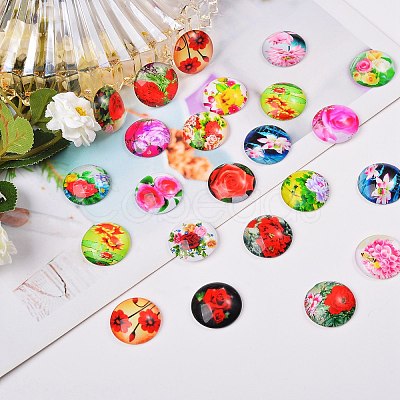 100Pcs Flower Printed Glass Cabochons GGLA-SZ0001-19-1