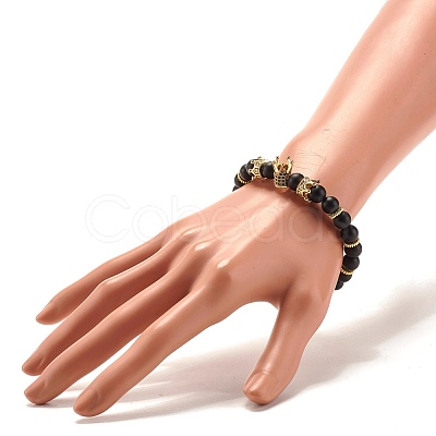 Round Synthetic Black Stone Beaded Stretch Bracelet with Crown for Women BJEW-JB07530-03-1