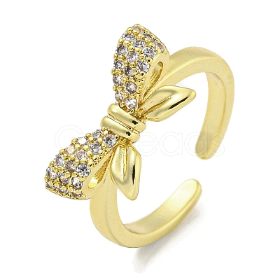 Bowknot Brass Micro Pave Cubic Zirconia Open Cuff Ring for Women RJEW-E296-10G-1