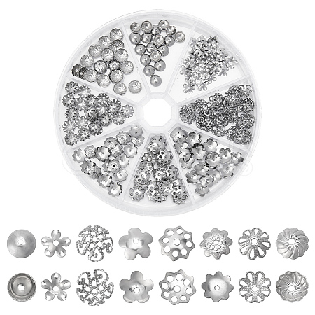 PandaHall Elite 240Pcs 8 Style 304 Stainless Steel Bead Caps STAS-PH0005-41-1