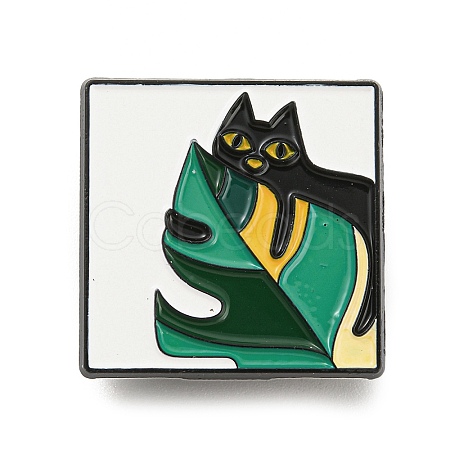 Square with Cat & Monstera Leaf Enamel Pins JEWB-P024-B02-1