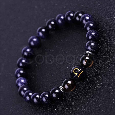 Libra Round Synthetic Blue Goldstone & Natural Smoky Quartz Stretch Bracelets for Women Men EA3132-1-1