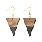 Resin & Walnut Wood Triangle Dangle Earrings, Golden Iron Long Drop Earrings, Black, 57x30.5mm