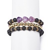 3Pcs 3 Style Heart Natural Purple Mica Stone & Lava Rock & Synthetic Hematite Beaded Stretch Bracelets Set BJEW-JB08736-3
