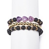 3Pcs 3 Style Heart Natural Purple Mica Stone & Lava Rock & Synthetic Hematite Beaded Stretch Bracelets Set BJEW-JB08736-3