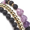 3Pcs 3 Style Heart Natural Purple Mica Stone & Lava Rock & Synthetic Hematite Beaded Stretch Bracelets Set BJEW-JB08736-5