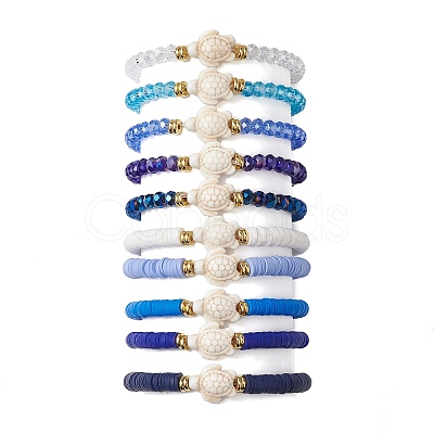 10Pcs 10 Styles Faceted Glass & Handmade Polymer Clay Breaded Stretch Bracelets BJEW-JB10259-1