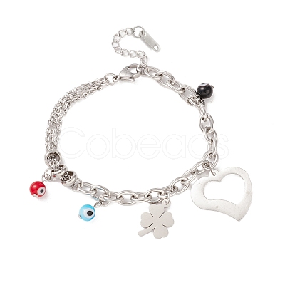 Round Evil Eye Lampwork & Heart & Clover Charm Bracelet with 304 Stainless Steel Chain for Women STAS-P304-16P-1