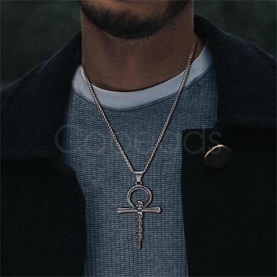 Skull Cross Pendant Necklace Vintage Titanium Steel Ankh Necklace Charm Neck Chain Jewelry Gift for Women Men Birthday Easter Thanksgiving Day JN1110A-1